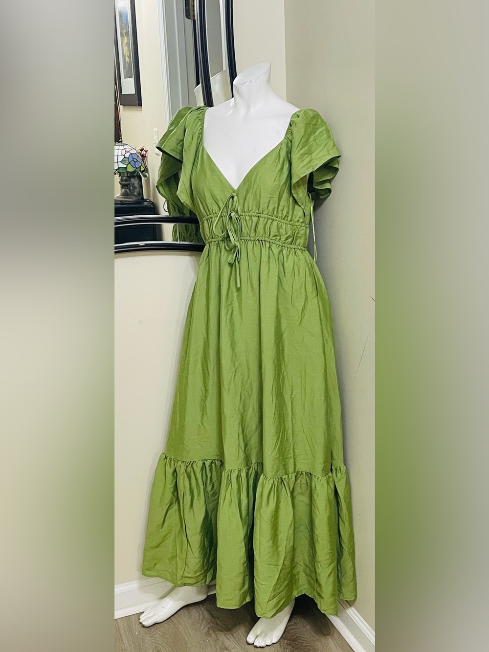 Blu Pepper Olive Green Puff-Sleeve Maxi Dress with Tie Waist